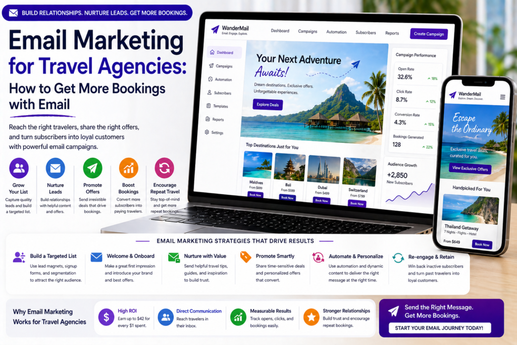 Email marketing for travel agencies showing campaign emails on laptop and mobile with lead nurturing and booking conversion