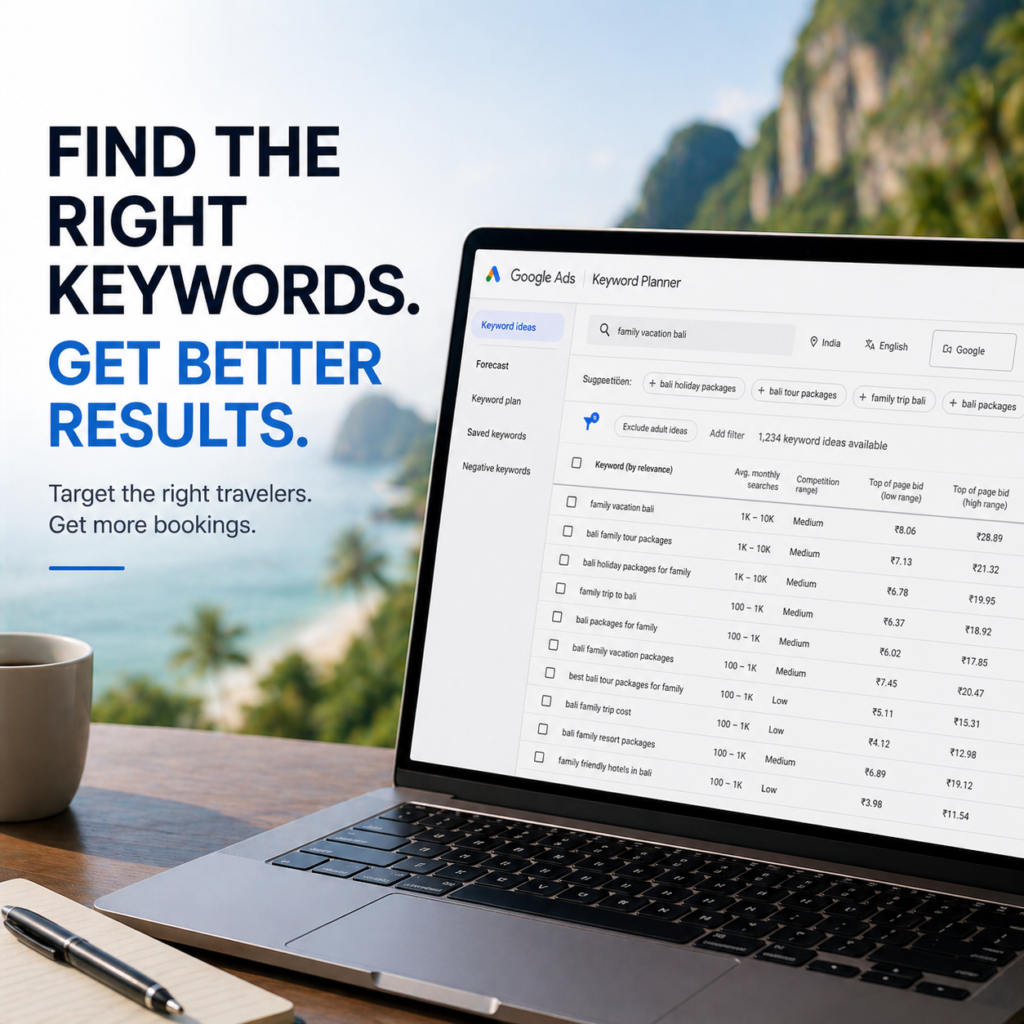 Google Ads keyword research for travel agency showing keyword planner and search terms on laptop