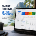 Google Ads bidding strategy on laptop showing campaign performance and cost per conversion for travel agency leads