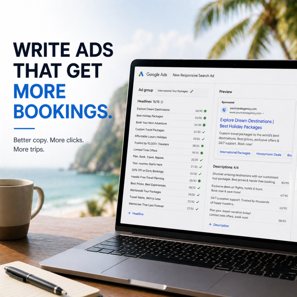 Google Ads copywriting for travel agency showing ad headlines descriptions and preview on laptop screen