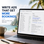 Google Ads copywriting for travel agency showing ad headlines descriptions and preview on laptop screen