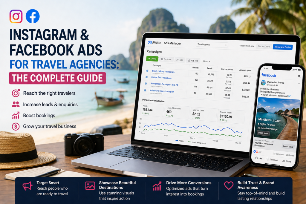 Instagram and Facebook ads for travel agencies showing ads manager dashboard and mobile ad preview