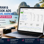 Instagram and Facebook ads for travel agencies showing ads manager dashboard and mobile ad preview