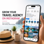 Travel agency Instagram profile on smartphone showing posts followers and engagement for organic growth