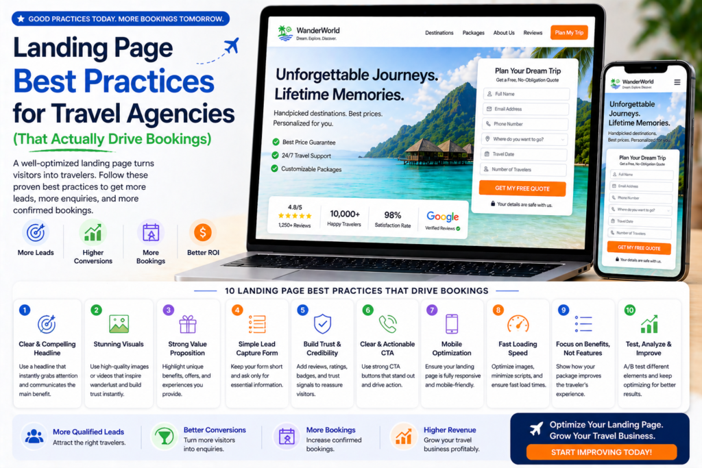 Travel agency landing page best practices showing optimized design call to action trust signals and booking form on laptop and mobile