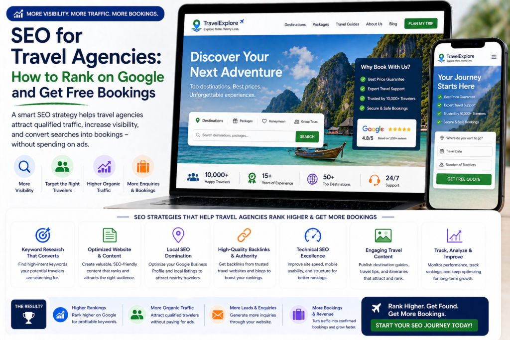 SEO strategy for travel agencies showing Google search rankings website traffic growth and organic bookings on laptop
