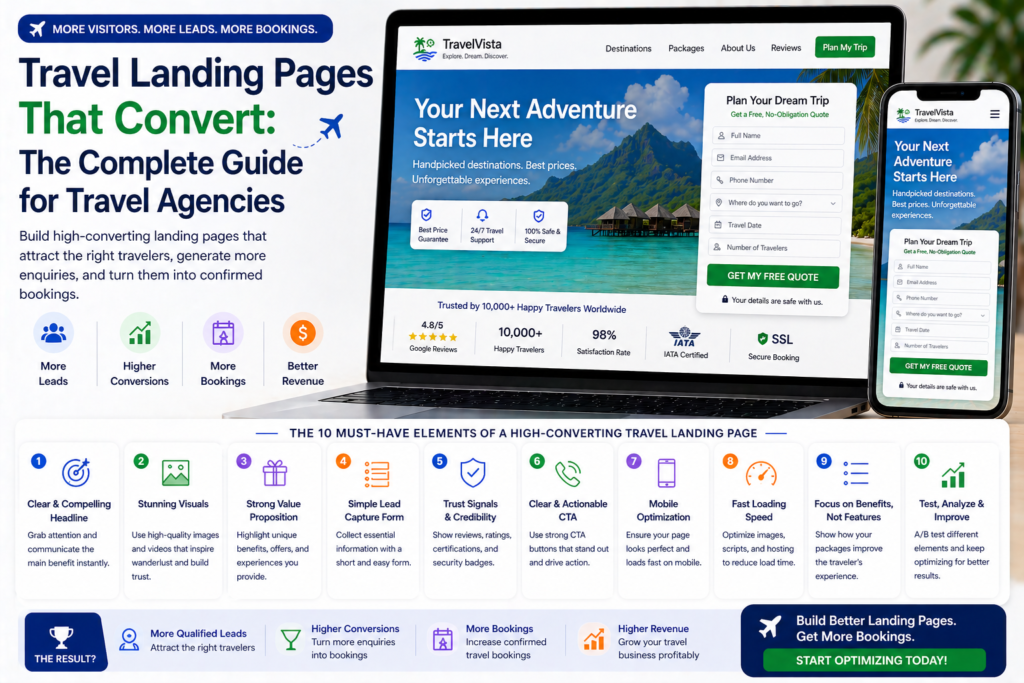 High converting travel landing page example on laptop and mobile with booking form call to action and trust signals