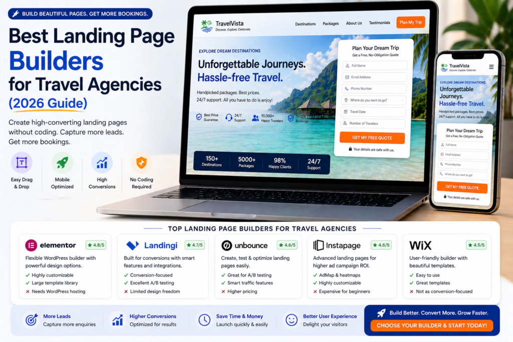 Landing page builders for travel agencies displayed on laptop and mobile showing drag and drop design and booking form