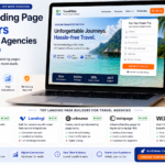Landing page builders for travel agencies displayed on laptop and mobile showing drag and drop design and booking form