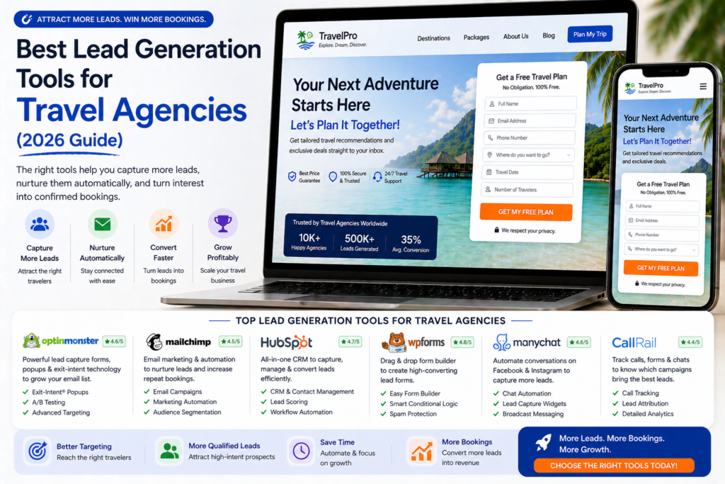 Lead generation tools for travel agencies displayed on laptop and mobile with CRM email automation and lead capture features