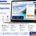 Lead generation tools for travel agencies displayed on laptop and mobile with CRM email automation and lead capture features