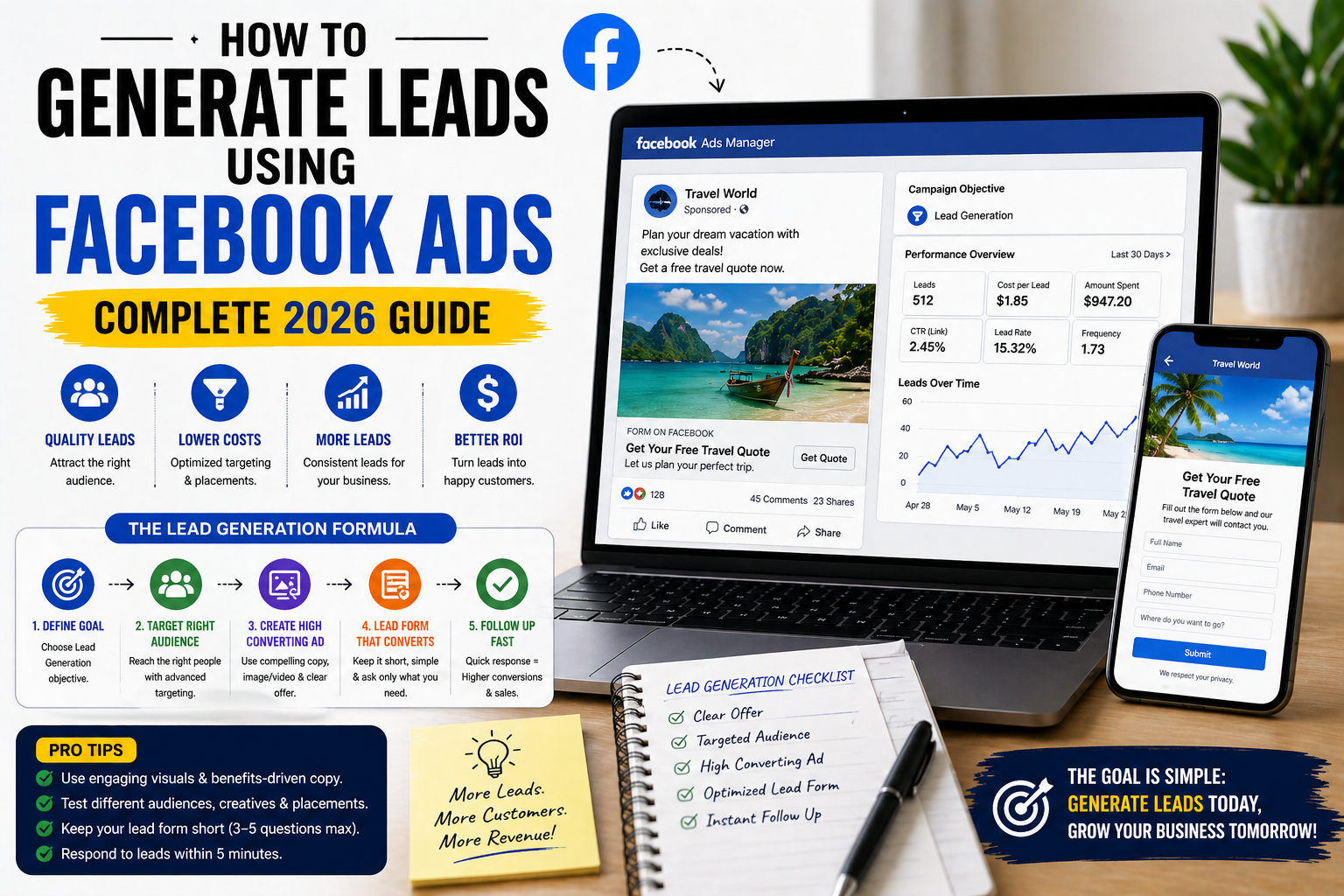 Facebook ads lead generation showing ad campaign dashboard and lead form capturing enquiries for business growth