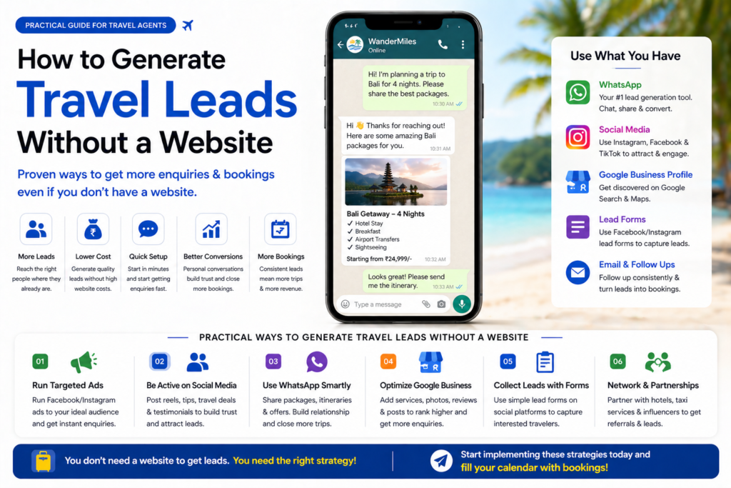 Travel agent generating leads using WhatsApp social media and ads without a website showing mobile based lead capture