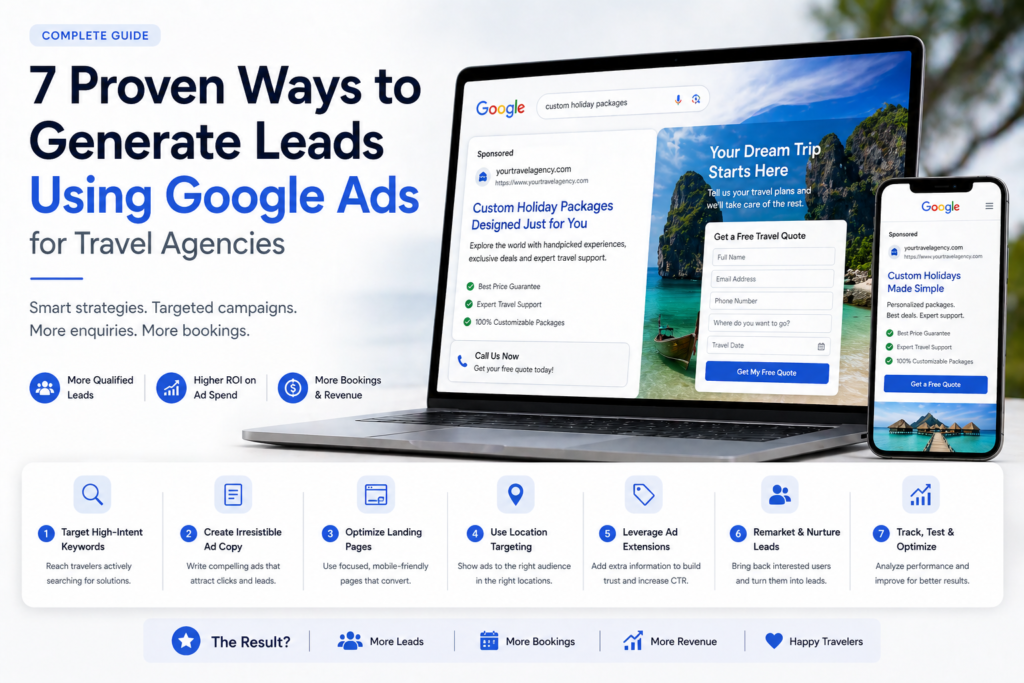Google Ads lead generation for travel agencies showing ad campaign and landing page capturing enquiries and leads