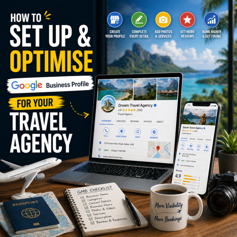 Google Business Profile setup for travel agency showing map listing, reviews, ratings, and business information to increase local bookings
