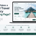 High converting travel agency landing page example on laptop and mobile showing clean design strong call to action and booking elements