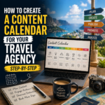 Travel agency content calendar planning on laptop showing weekly schedule with blog posts, social media ideas, and marketing tasks for travel business