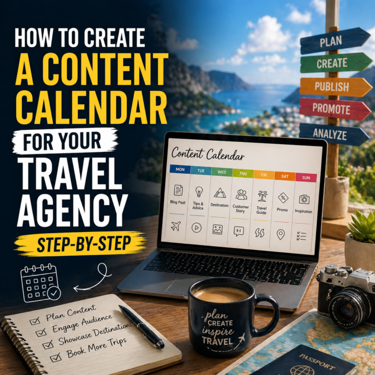 Travel agency content calendar planning on laptop showing weekly schedule with blog posts, social media ideas, and marketing tasks for travel business