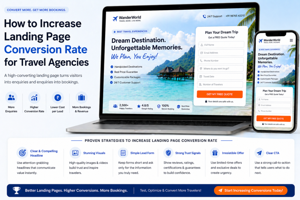 Travel agency landing page optimization showing conversion elements like call to action form and booking button on laptop and mobile