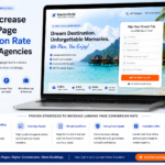 Travel agency landing page optimization showing conversion elements like call to action form and booking button on laptop and mobile