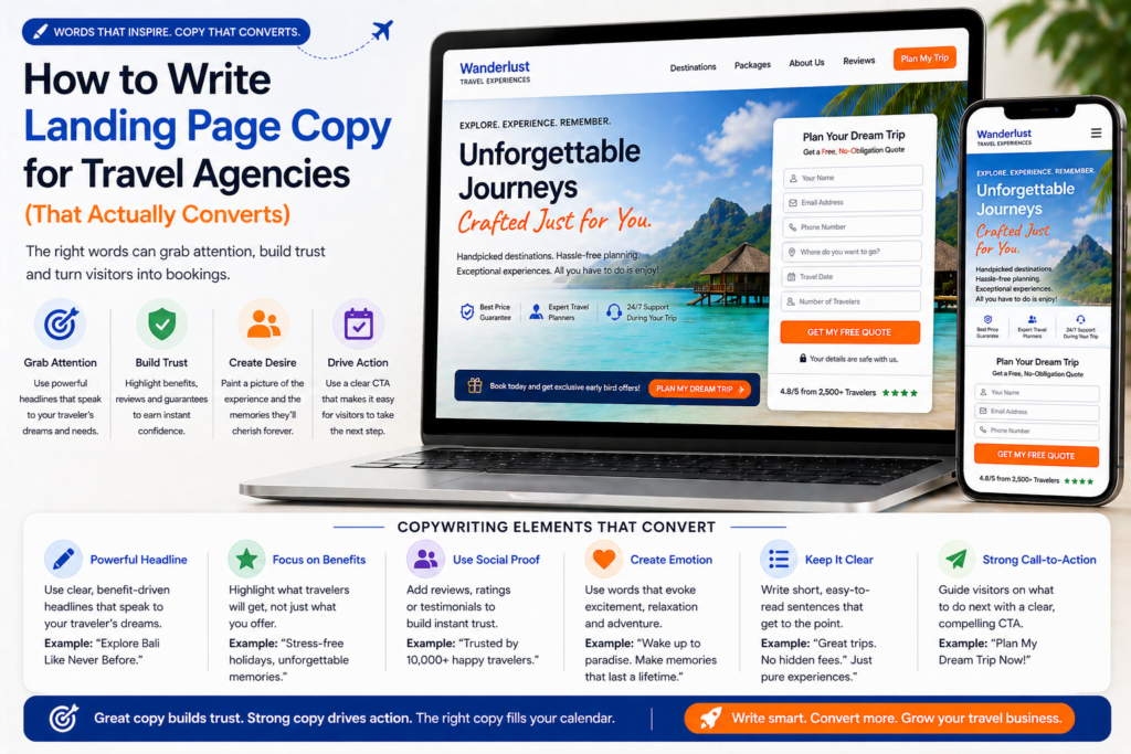 Travel agency landing page copywriting example showing headline benefits and call to action on laptop and mobile