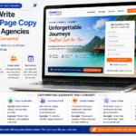 Travel agency landing page copywriting example showing headline benefits and call to action on laptop and mobile