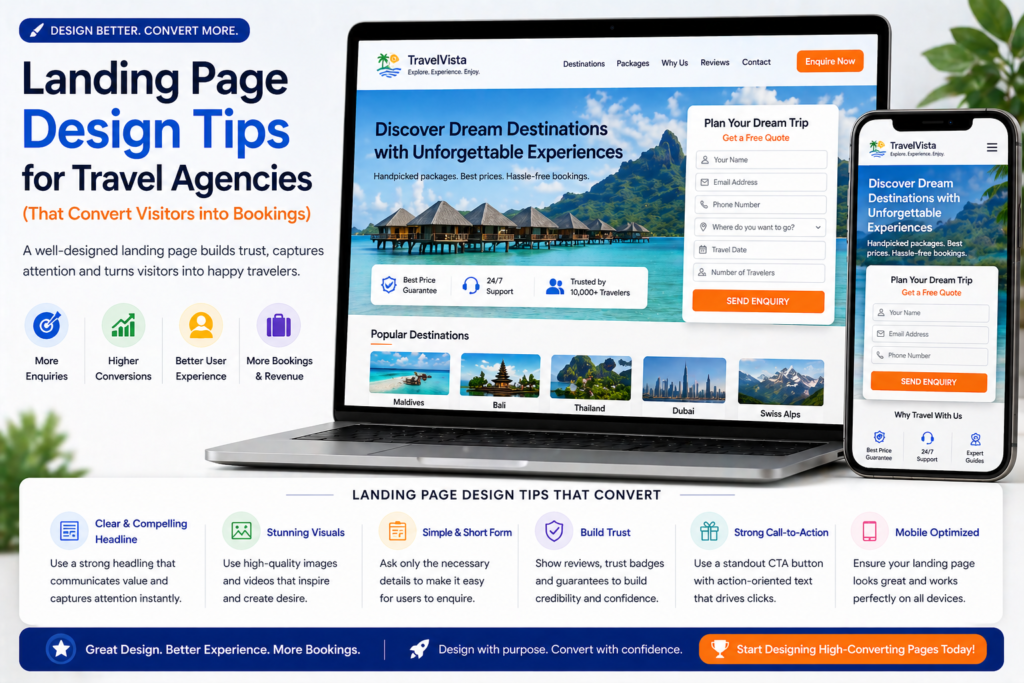 Travel agency landing page design on laptop and mobile showing clean layout strong call to action and enquiry form