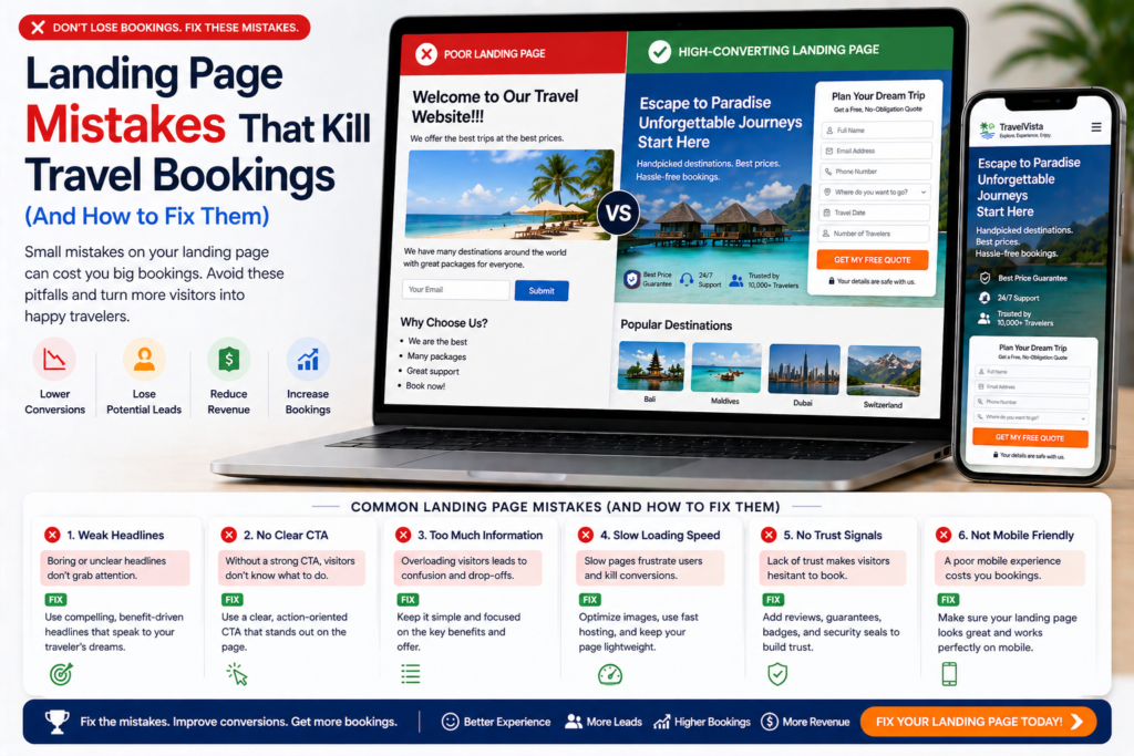 Travel agency landing page comparison showing common mistakes vs optimized version with better conversion elements