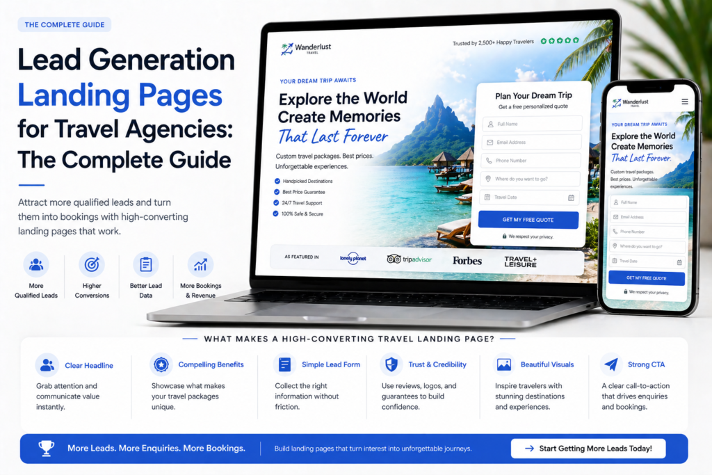 Travel agency lead generation landing page on laptop and mobile showing form capture and call to action for enquiries