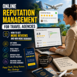 Travel agency online reputation management showing customer reviews, star ratings, and feedback on laptop and mobile to increase bookings