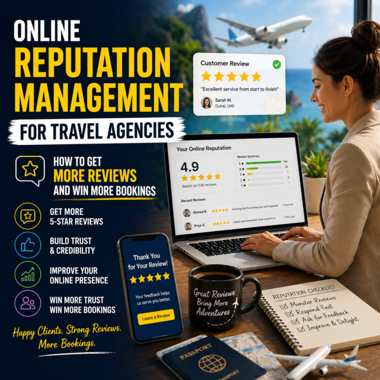 Travel agency online reputation management showing customer reviews, star ratings, and feedback on laptop and mobile to increase bookings