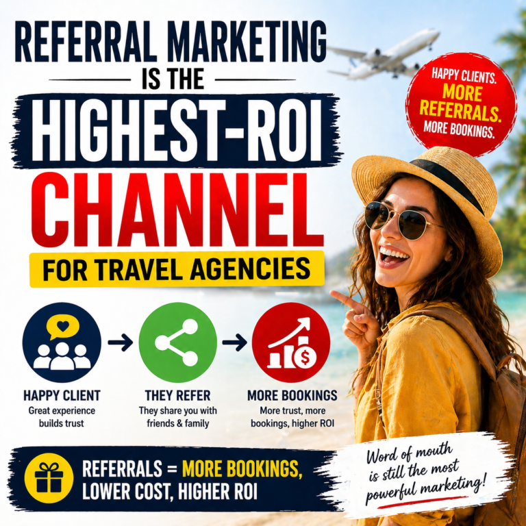Referral marketing for travel agencies showing happy traveler recommending services leading to more bookings and higher ROI