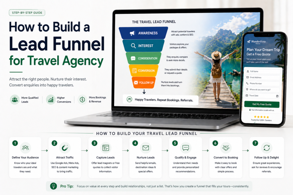 Lead funnel for travel agency showing stages from traffic to leads to bookings using landing page and WhatsApp follow up