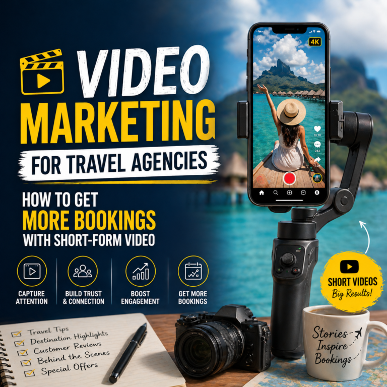 Travel agency video marketing using smartphone on gimbal recording short-form travel content to increase bookings and engagement