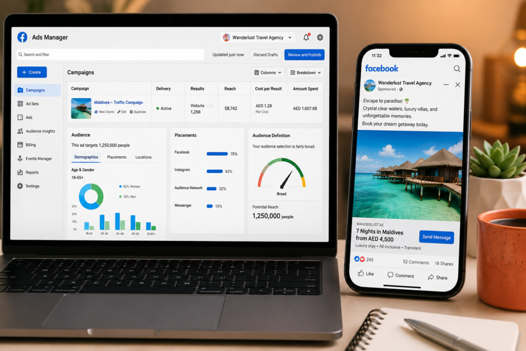 Facebook ads for travel agencies — Ads Manager dashboard showing a Maldives travel package campaign on laptop and mobile