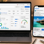 Facebook ads for travel agencies — Ads Manager dashboard showing a Maldives travel package campaign on laptop and mobile