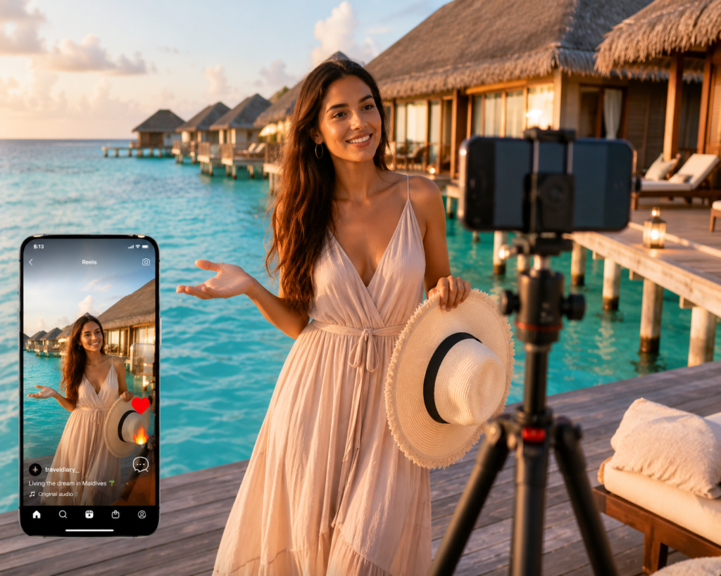 Influencer marketing for travel agencies — travel content creator filming Reels at Maldives overwater villa