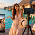 Influencer marketing for travel agencies — travel content creator filming Reels at Maldives overwater villa