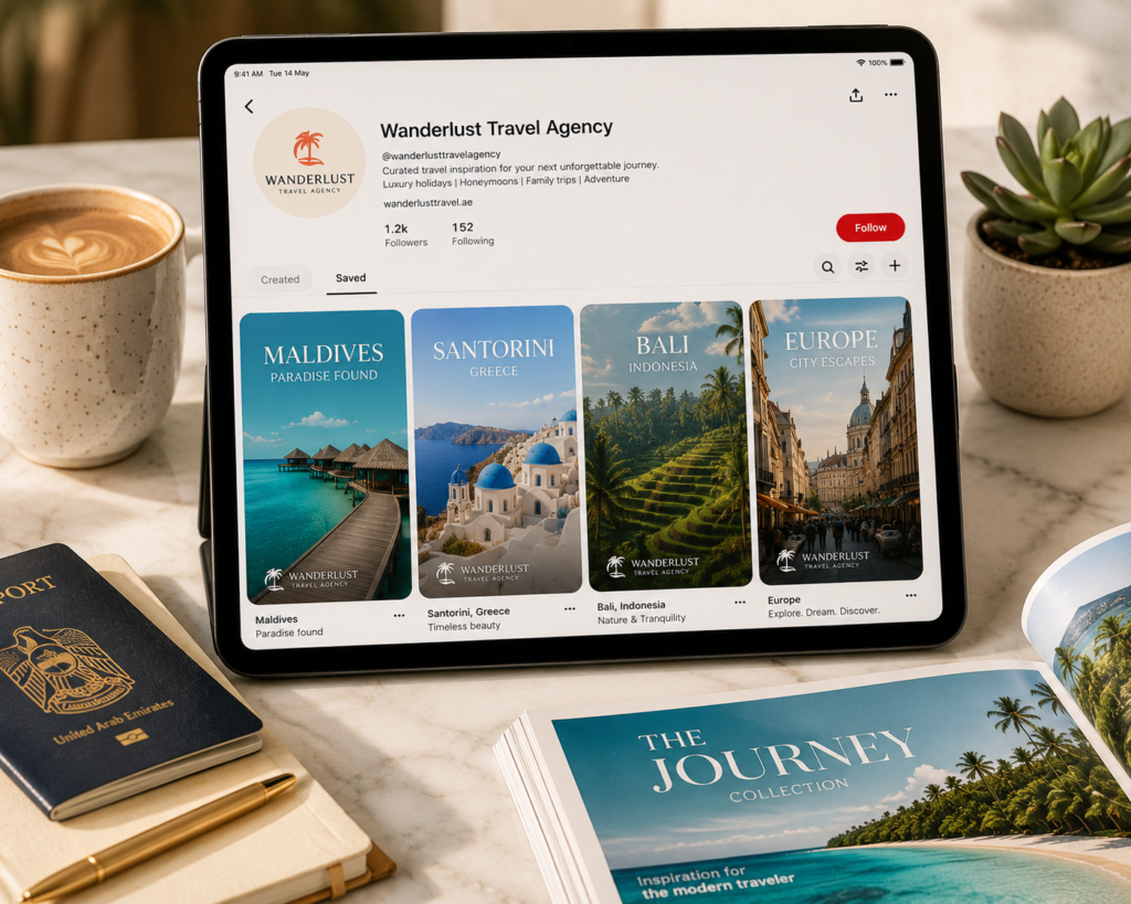 Pinterest marketing for travel agencies — Pinterest board showing destination travel Pins on tablet screen
