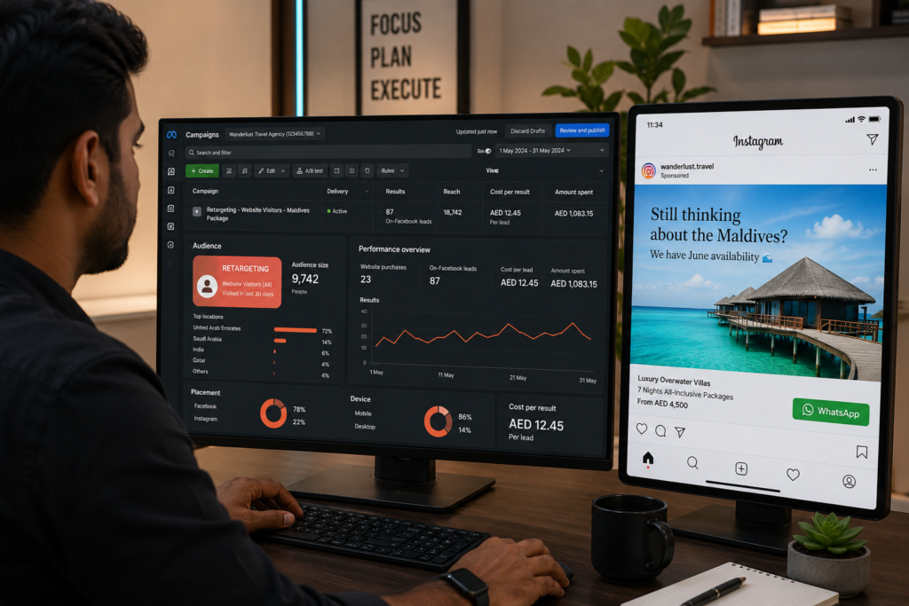 Retargeting ads for travel agencies — Facebook Ads Manager dashboard showing retargeting campaign alongside Maldives Instagram ad