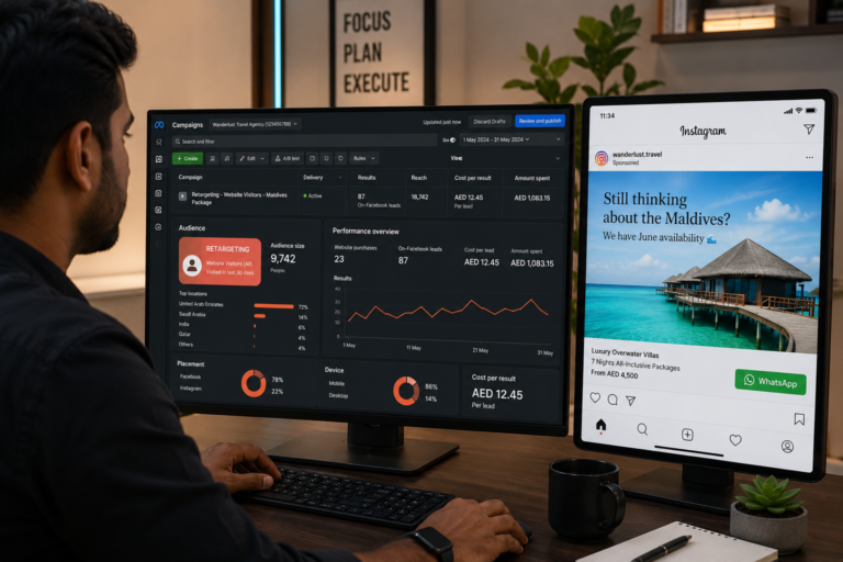 Retargeting ads for travel agencies — Facebook Ads Manager dashboard showing retargeting campaign alongside Maldives Instagram ad