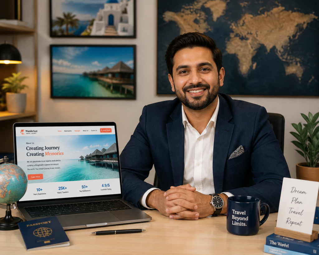 Travel agency bio — professional travel agent at desk with laptop showing agency About page