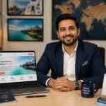 Travel agency bio — professional travel agent at desk with laptop showing agency About page