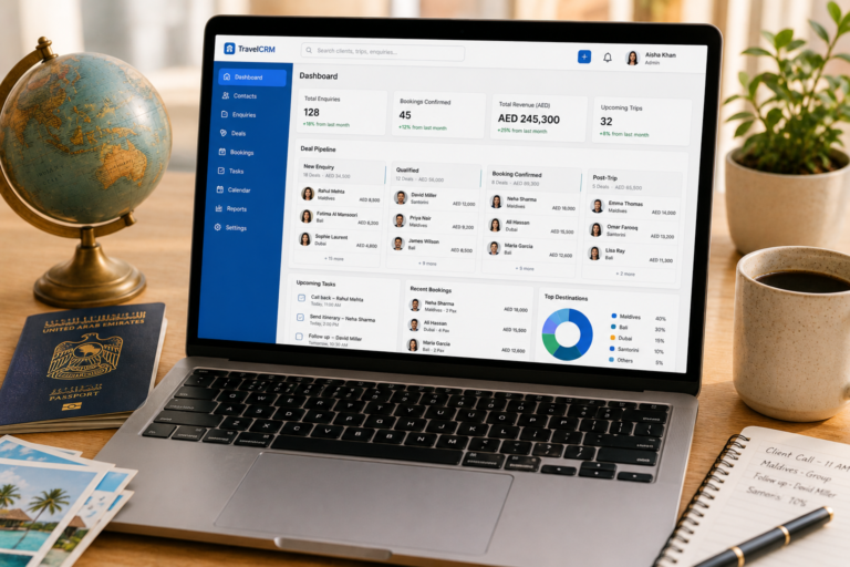 Travel agency CRM dashboard showing client contact records, booking history and deal pipeline stages