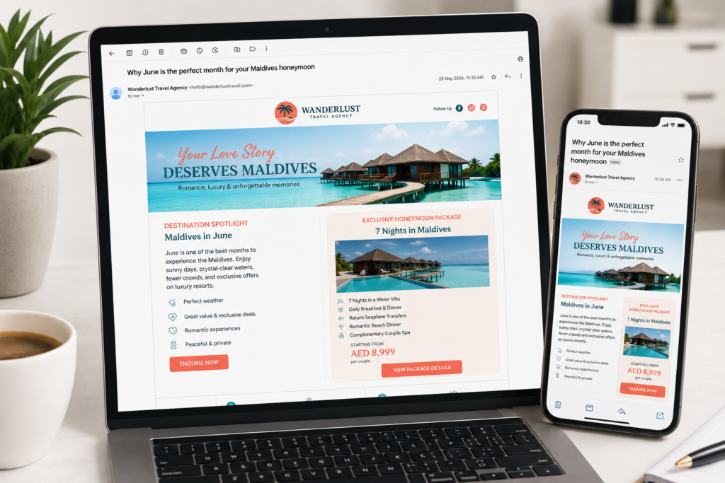 Travel agency newsletter displayed on laptop and smartphone showing Maldives destination email with CTA button