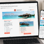 Travel agency newsletter displayed on laptop and smartphone showing Maldives destination email with CTA button