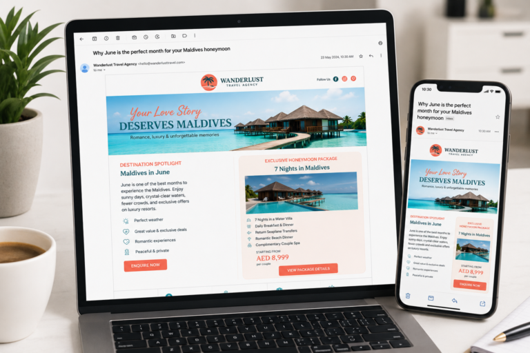 Travel agency newsletter displayed on laptop and smartphone showing Maldives destination email with CTA button