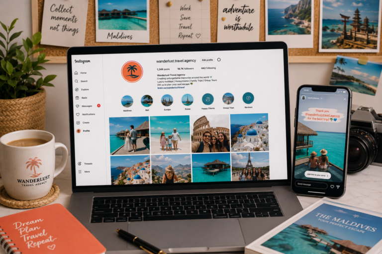 User generated content travel agency — Instagram grid showing authentic client travel photos on laptop screen