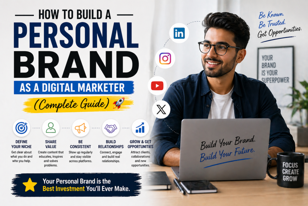 Digital marketer building personal brand using social media platforms like LinkedIn Instagram and YouTube to grow audience and opportunities