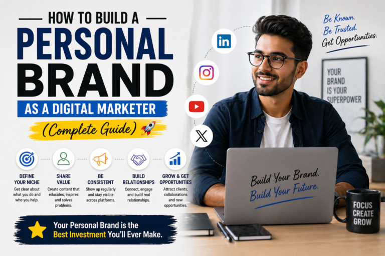Digital marketer building personal brand using social media platforms like LinkedIn Instagram and YouTube to grow audience and opportunities